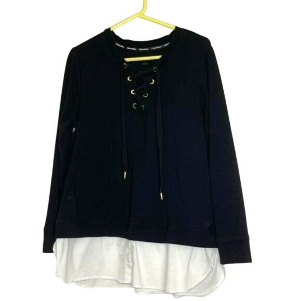 Calvin‎ Klein Black Lace-up Gold Grommet Knit Top Exposed Layered Shirt Tail XL